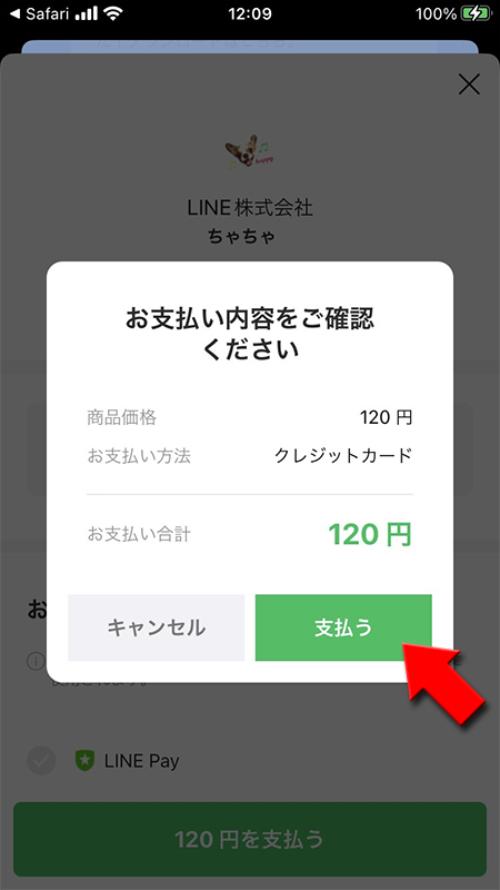 LINE ストアクレジット支払い画面 iphone版