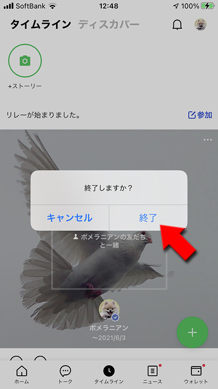 LINE リレー終了の確認画面 iphone版
