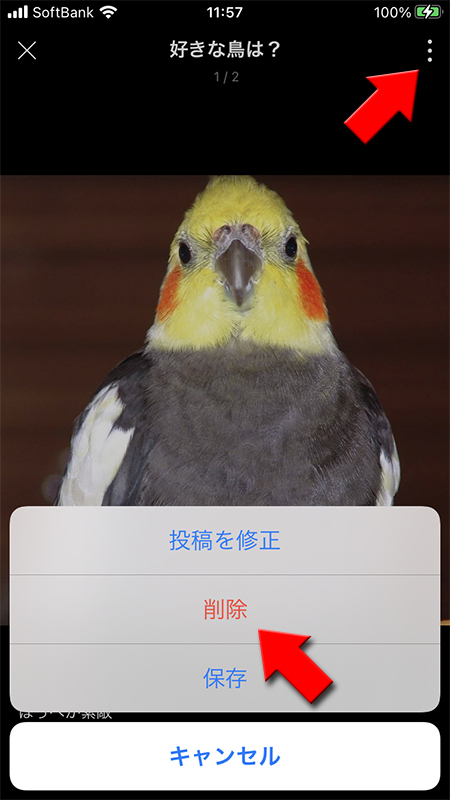 LINE 投稿詳細画面のメニューを選択後削除を選択する iphone版