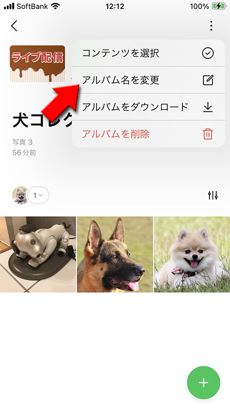 LINE アルバムのメニューからアルバム名変更を選ぶ iphone版