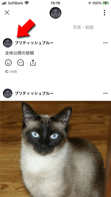 LINE 全体公開の投稿のみ表示画面 iphone版