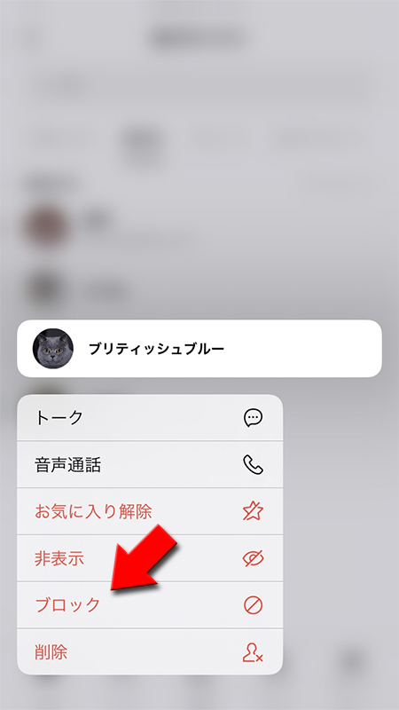 LINE 表示されるメニューからブロックを選択 iphone版