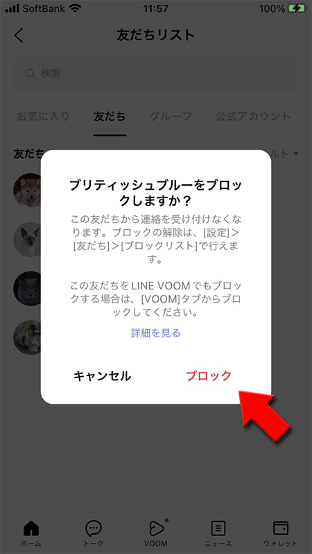 LINE ブロックの確認画面表示 iphone版