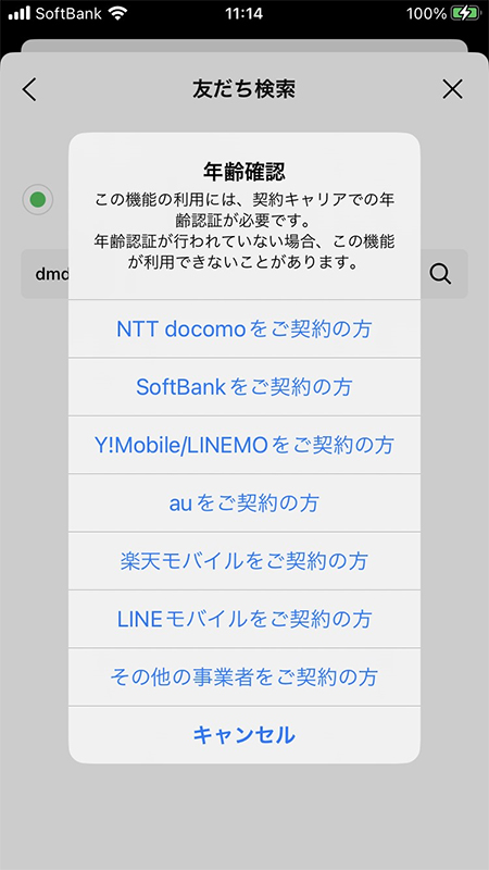 LINE ID検索年齢認証アラート果 iphone版