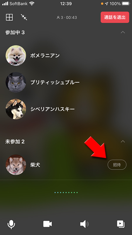 LINE グループ通話メンバーを招待 iphone版