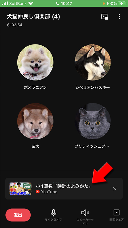 LINE グループ通話 コピーしたYouTubeの動画選択 iphone版