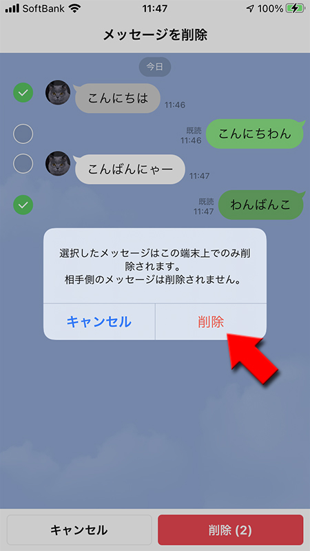 LINE トークルームメッセージ削除確認画面 iphone版