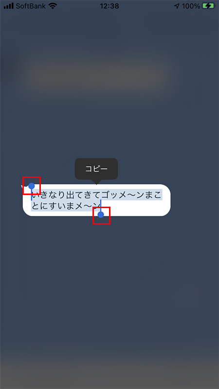 LINE メッセージ全文がコピーされている状態 iphone版