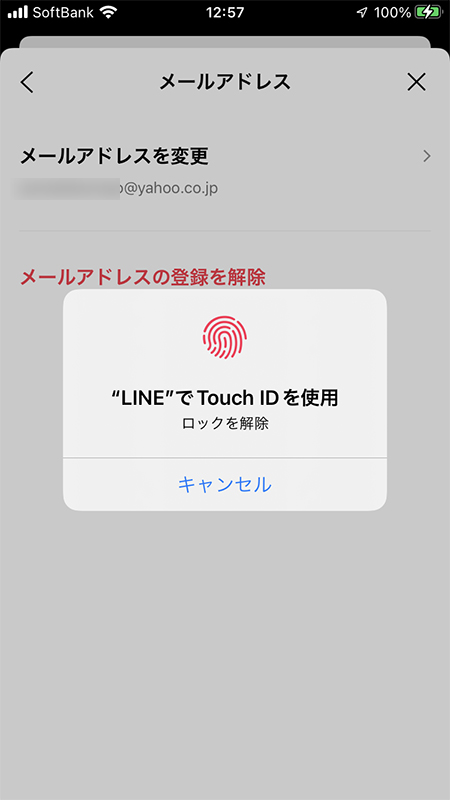 LINE メールアドレス変更アラート画面 iphone版
