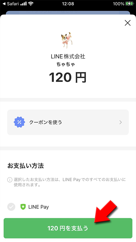 LINE ストアクレジット決済画面 iphone版