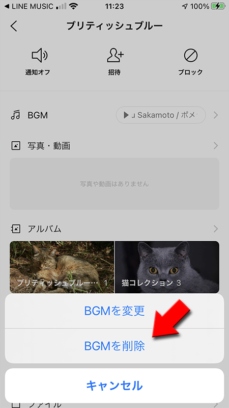 LINE トークルームBGMを削除を選択する iphone版