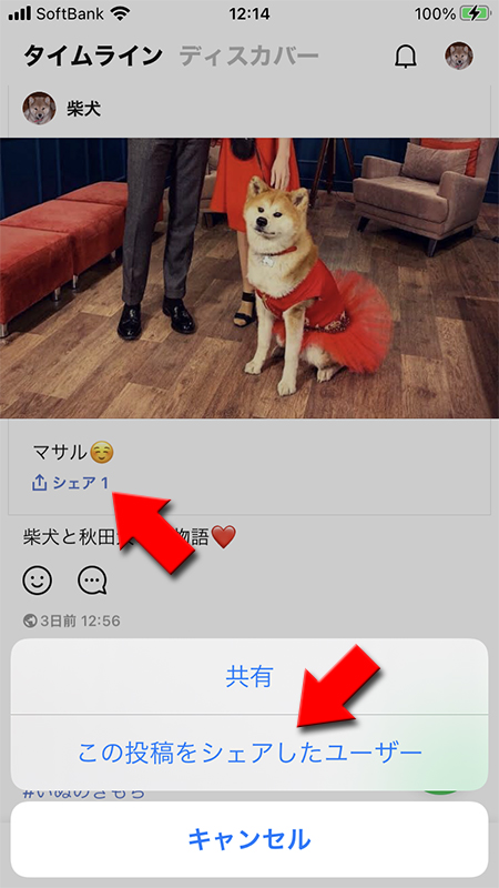 LINE タイムラインのシェアボタンを押して、投稿をシェアしたユーザーを選択 iphone版