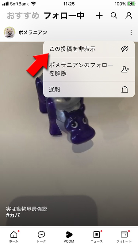 LINE LINE VOOMのこの投稿を非表示を選択 iphone版